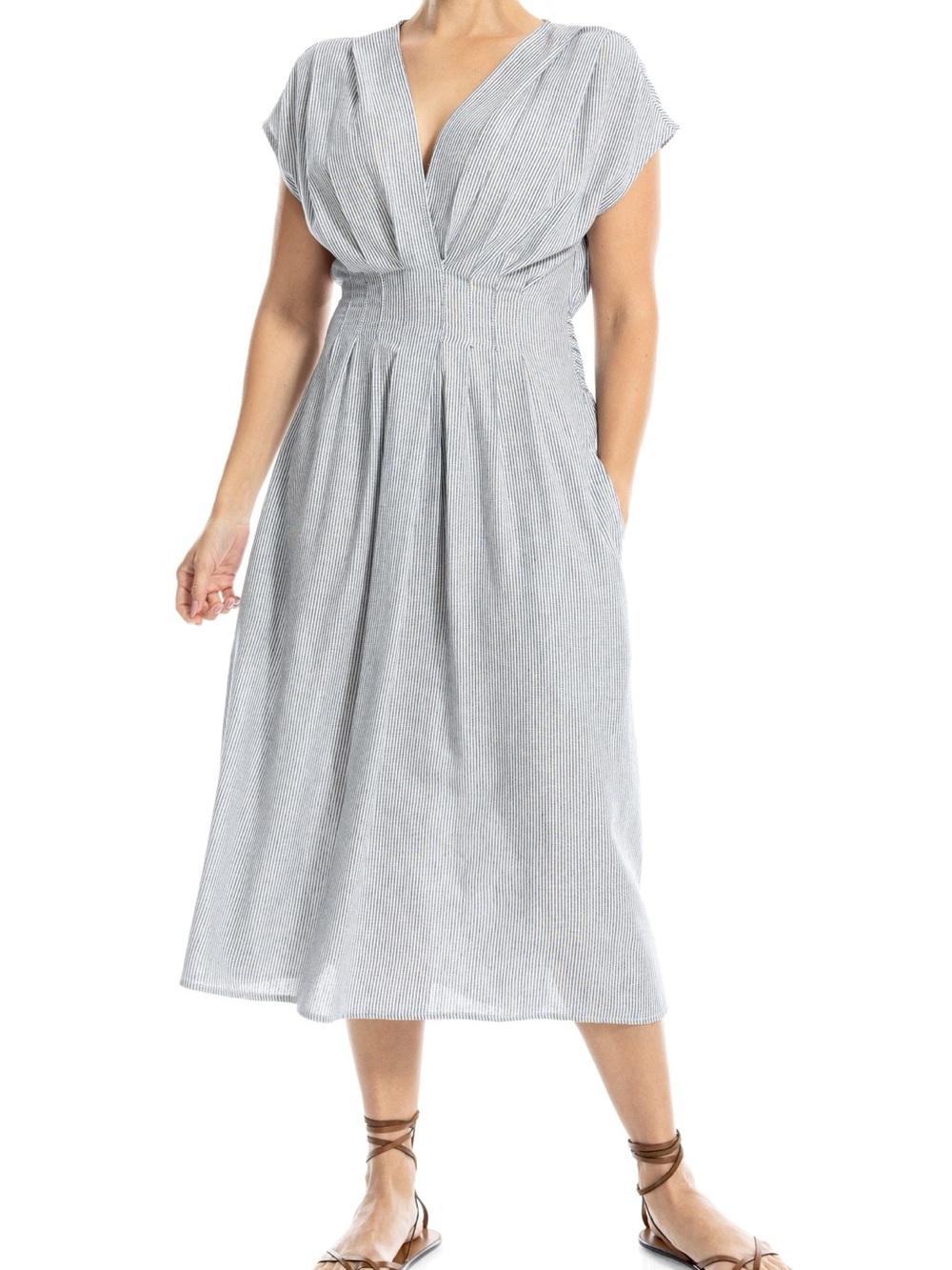 Max Mara light gray V-Neck Midi Dress with Smocked Waist